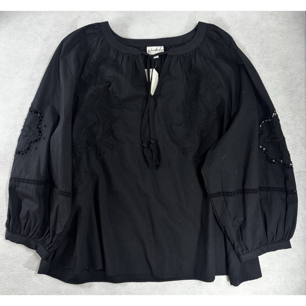 Wonderly Women XXL Black Embroidered Boho Blouse Eyelet Lace Balloon Sleeve New